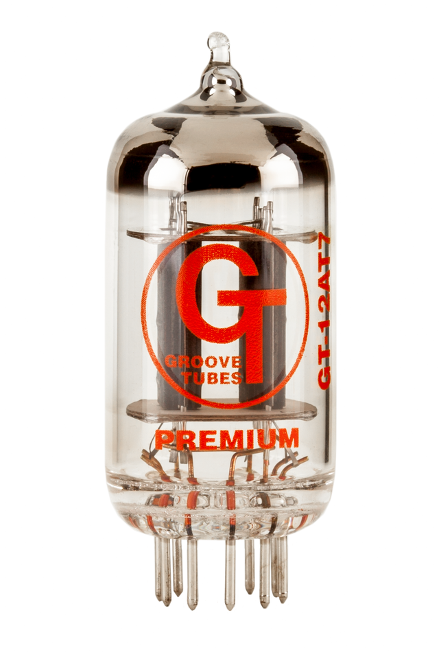 The image shows a Groove Tubes GT-12AT7 Premium vacuum tube, a dual-triode preamp tube commonly used in guitar amplifiers and audio equipment. Known for delivering warm, rich tones and natural overdrive, this high-quality replacement tube is prized by musicians and technicians to maintain or enhance tube amp performance. Groove Tubes is a trusted brand specializing in tested, premium upgrade tubes.