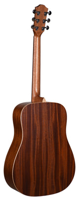 The image shows the back of an acoustic guitar with a classic dreadnought shape. It features a 3+3 headstock with black tuning pegs, a wooden neck, and a warm, reddish-brown wood finish, possibly mahogany. Light-colored binding outlines the body edges, and natural wood grain is visible on the back and sides, highlighting the guitar’s quality craftsmanship.
