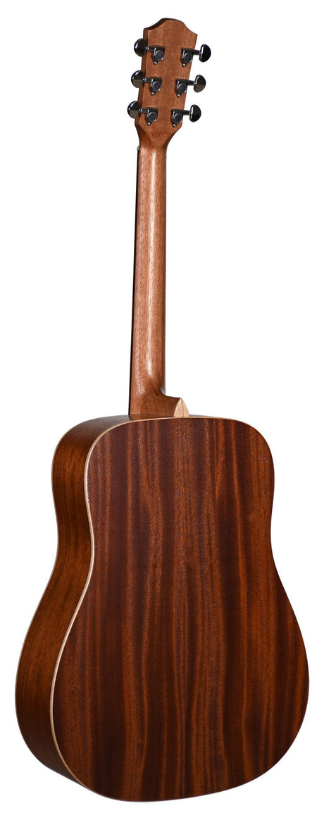 The image shows the back of an acoustic guitar with a classic dreadnought shape. It features a 3+3 headstock with black tuning pegs, a wooden neck, and a warm, reddish-brown wood finish, possibly mahogany. Light-colored binding outlines the body edges, and natural wood grain is visible on the back and sides, highlighting the guitar’s quality craftsmanship.