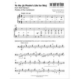 The image shows a page of piano sheet music for "Yo Ho (A Pirate's Life for Me)" from Disney's Pirates of the Caribbean. It features treble and bass clefs in 3/4 time, marked "Brightly, with vigor," with lyrics beneath the melody. The page includes an optional duet section, finger diagrams, credits, dynamics, measure numbers, and a copyright notice from 1967.