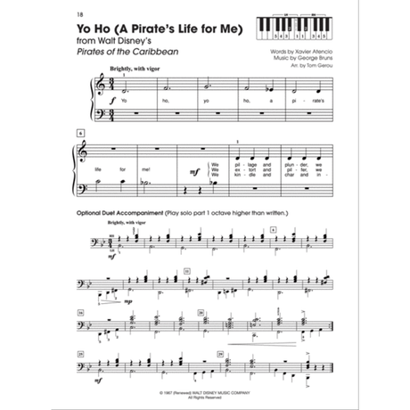 The image shows a page of piano sheet music for "Yo Ho (A Pirate's Life for Me)" from Disney's Pirates of the Caribbean. It features treble and bass clefs in 3/4 time, marked "Brightly, with vigor," with lyrics beneath the melody. The page includes an optional duet section, finger diagrams, credits, dynamics, measure numbers, and a copyright notice from 1967.