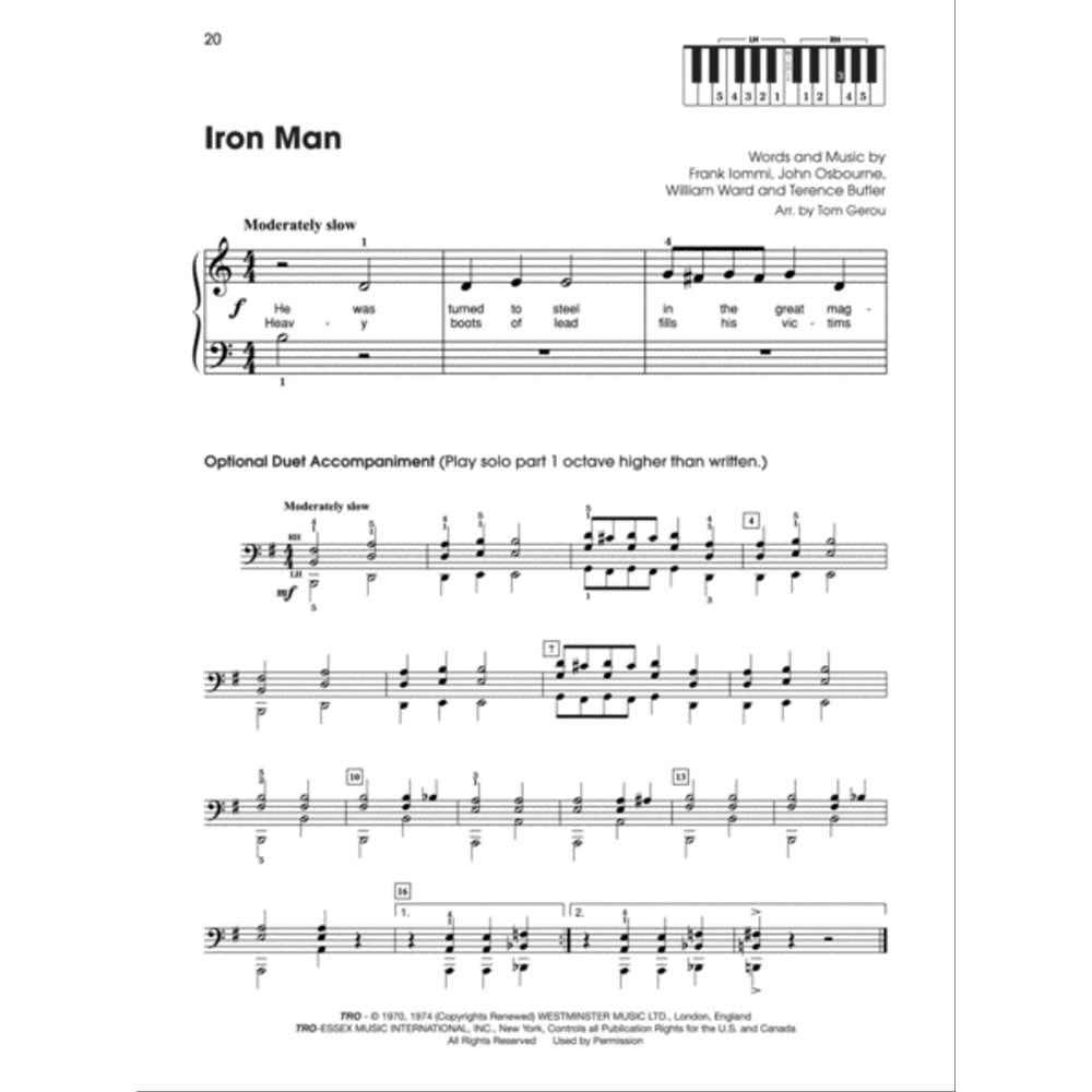 The image shows sheet music for "Iron Man" by Black Sabbath, arranged for piano and voice. It features melody with lyrics on the treble staff, piano accompaniment in bass clef, a tempo marking "Moderately slow," and 4/4 time. There’s a small keyboard diagram, rehearsal letters (A-D), dynamic markings, an optional octave-higher duet section, and copyright info from Pro Music. The arrangement is by Tom Gerou, with words and music by Iommi, Osbourne, Ward, and Butler.