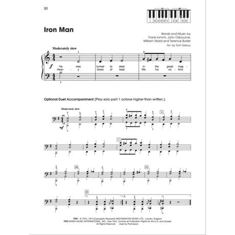 The image shows sheet music for "Iron Man" by Black Sabbath, arranged for piano and voice. It features melody with lyrics on the treble staff, piano accompaniment in bass clef, a tempo marking "Moderately slow," and 4/4 time. There’s a small keyboard diagram, rehearsal letters (A-D), dynamic markings, an optional octave-higher duet section, and copyright info from Pro Music. The arrangement is by Tom Gerou, with words and music by Iommi, Osbourne, Ward, and Butler.