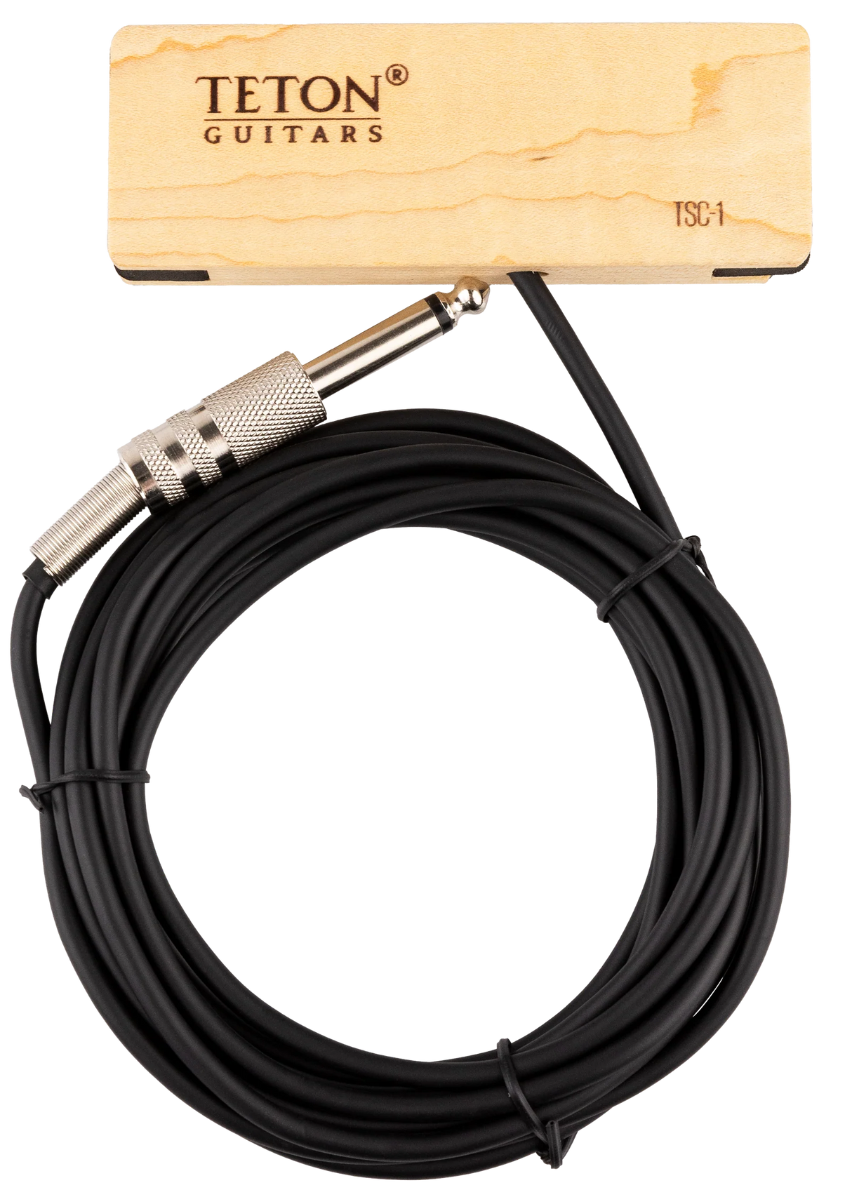 The image shows a black coiled 1/4" instrument cable from TETON Guitars with metal knurled 1/4" TS connectors on both ends. A wooden product tag with natural wood grain and TETON branding, labeled "TSC-1," accompanies the cable. This cable is designed for connecting electric guitars, basses, or other instruments to amps, pedals, or interfaces, complementing TETON’s acoustic guitar accessories.