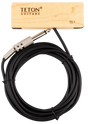 The image shows a black coiled 1/4" instrument cable from TETON Guitars with metal knurled 1/4" TS connectors on both ends. A wooden product tag with natural wood grain and TETON branding, labeled "TSC-1," accompanies the cable. This cable is designed for connecting electric guitars, basses, or other instruments to amps, pedals, or interfaces, complementing TETON’s acoustic guitar accessories.