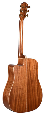 The image shows the back and side of a well-crafted acoustic guitar with rich, warm brown wood and visible grain, likely mahogany. It features a large dreadnought-style body with a cutaway, six chrome tuning pegs in a 3+3 layout, light binding trim, and a glossy finish that highlights the wood. The curved waist and larger lower bout are typical of acoustic guitars, with the cutaway allowing easier access to higher frets.