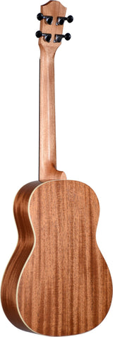 The image shows the back of a well-crafted ukulele made from warm-toned wood with a natural grain and light-colored binding. It features a polished finish, a traditional figure-eight body shape, and a headstock with four black geared tuning pegs arranged 2x2. Likely a concert or tenor size, the instrument has a clean, minimalist design and appears to be an intermediate to professional-level model.