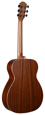The image shows the back and headstock of an acoustic guitar. The headstock features 6 black tuning pegs (3 per side) matching the neck's wood. The neck is light-colored, smooth, and finished. The back displays rich, dark wood with pronounced grain, likely rosewood or mahogany. Light-colored binding edges the body, which has a traditional shape, possibly dreadnought. The guitar appears well-crafted with quality materials.