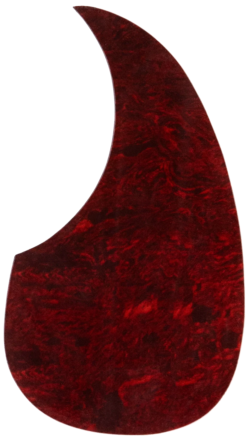 The image shows a guitar pickguard with a deep red tortoiseshell pattern in a classic teardrop shape, commonly used on acoustic guitars like dreadnoughts. The marbled finish features swirling dark red and burgundy tones. This pickguard protects the guitar's top from scratches while adding vintage visual appeal. Its traditional tortoiseshell design complements many guitar finishes and is a popular accessory for customization or replacement.