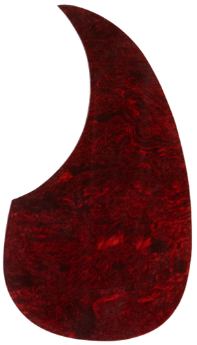 The image shows a guitar pickguard with a deep red tortoiseshell pattern in a classic teardrop shape, commonly used on acoustic guitars like dreadnoughts. The marbled finish features swirling dark red and burgundy tones. This pickguard protects the guitar's top from scratches while adding vintage visual appeal. Its traditional tortoiseshell design complements many guitar finishes and is a popular accessory for customization or replacement.