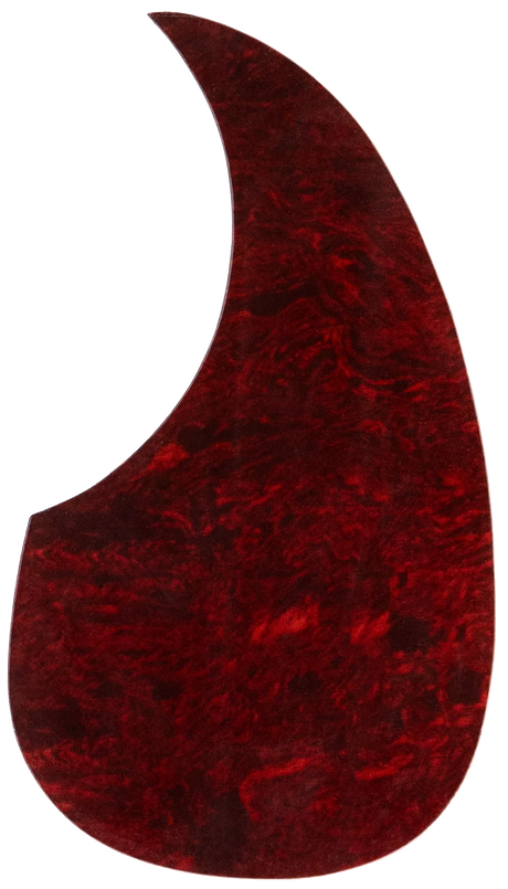 The image shows a guitar pickguard with a deep red tortoiseshell pattern in a classic teardrop shape, commonly used on acoustic guitars like dreadnoughts. The marbled finish features swirling dark red and burgundy tones. This pickguard protects the guitar's top from scratches while adding vintage visual appeal. Its traditional tortoiseshell design complements many guitar finishes and is a popular accessory for customization or replacement.