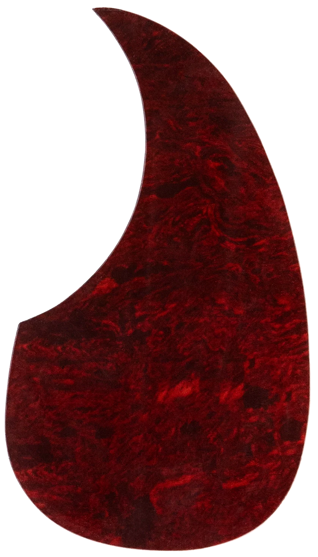 The image shows a guitar pickguard with a deep red tortoiseshell pattern in a classic teardrop shape, commonly used on acoustic guitars like dreadnoughts. The marbled finish features swirling dark red and burgundy tones. This pickguard protects the guitar's top from scratches while adding vintage visual appeal. Its traditional tortoiseshell design complements many guitar finishes and is a popular accessory for customization or replacement.