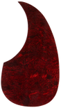 The image shows a guitar pickguard with a deep red tortoiseshell pattern in a classic teardrop shape, commonly used on acoustic guitars like dreadnoughts. The marbled finish features swirling dark red and burgundy tones. This pickguard protects the guitar's top from scratches while adding vintage visual appeal. Its traditional tortoiseshell design complements many guitar finishes and is a popular accessory for customization or replacement.