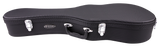 The image shows a black Hiscox hardshell guitar case with a textured exterior and chrome metal hardware, including two latches and a handle. It has a classic guitar-shaped profile designed to fit acoustic or classical guitars. The case features professional-grade construction for maximum protection during transport and storage, reflecting Hiscox’s reputation for high-quality instrument cases.