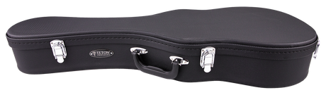 The image shows a black Hiscox hardshell guitar case with a textured exterior and chrome metal hardware, including two latches and a handle. It has a classic guitar-shaped profile designed to fit acoustic or classical guitars. The case features professional-grade construction for maximum protection during transport and storage, reflecting Hiscox’s reputation for high-quality instrument cases.