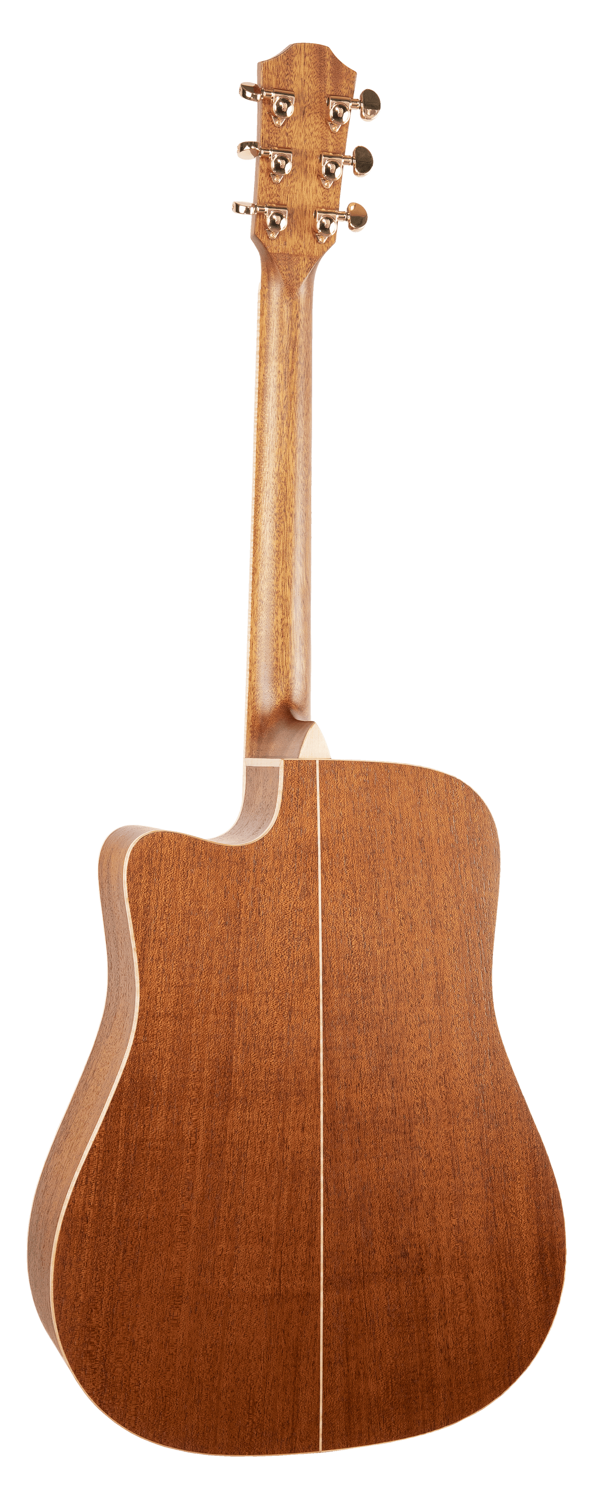 The image shows the back of an acoustic guitar with a wooden body and natural finish. It has a neck and headstock with six tuning pegs. The guitar features a cutaway design near the neck for easier access to higher frets. This high-quality instrument is commonly used across various music genres.