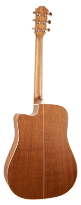The image shows the back of an acoustic guitar with a wooden body and natural finish. It has a neck and headstock with six tuning pegs. The guitar features a cutaway design near the neck for easier access to higher frets. This high-quality instrument is commonly used across various music genres.