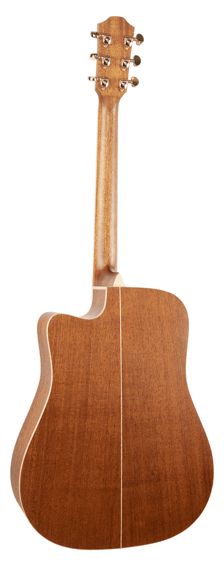 The image shows the back of an acoustic guitar with a wooden body and natural finish. It has a neck and headstock with six tuning pegs. The guitar features a cutaway design near the neck for easier access to higher frets. This high-quality instrument is commonly used across various music genres.