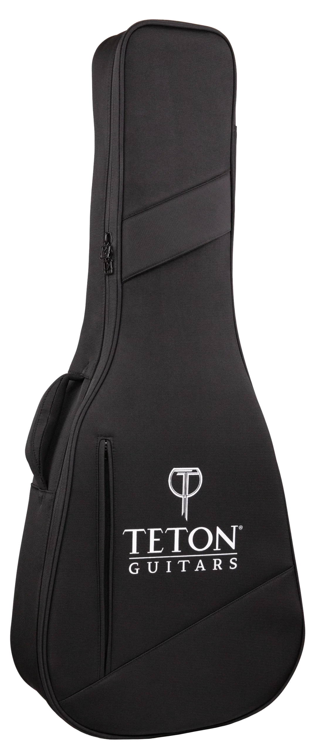 The image shows a black Teton Guitars soft guitar gig bag with a textured fabric surface, white Teton logo and brand name, and a "T" logo at the top. It features diagonal accent stripes, a full-length zipper, and padded shoulder straps. Designed for acoustic guitars, it offers lightweight, portable protection with a sleek, professional look.