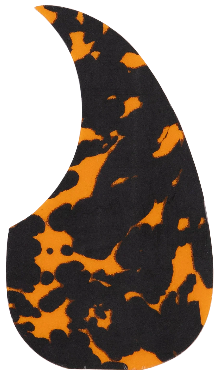 The image shows a teardrop-shaped acoustic guitar pickguard with a tortoiseshell pattern in black and amber. This protective plate is mounted on the guitar body below the soundhole to guard against scratches from strumming and picking. Its classic design adds both function and vintage visual appeal, mimicking natural tortoiseshell while being made from modern synthetic materials.