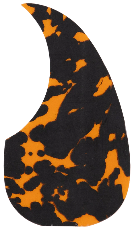 The image shows a teardrop-shaped acoustic guitar pickguard with a tortoiseshell pattern in black and amber. This protective plate is mounted on the guitar body below the soundhole to guard against scratches from strumming and picking. Its classic design adds both function and vintage visual appeal, mimicking natural tortoiseshell while being made from modern synthetic materials.