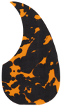 The image shows a teardrop-shaped acoustic guitar pickguard with a tortoiseshell pattern in black and amber. This protective plate is mounted on the guitar body below the soundhole to guard against scratches from strumming and picking. Its classic design adds both function and vintage visual appeal, mimicking natural tortoiseshell while being made from modern synthetic materials.