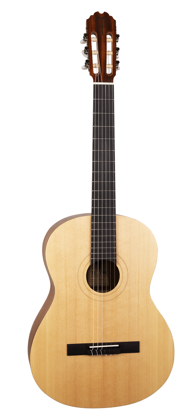 The image shows a full-size classical acoustic guitar with a light wooden body and a circular sound hole featuring decorative rosette rings. It has a black bridge, a long neck with a dark fretboard and visible fret markers, and a traditional headstock with six classical-style tuning pegs. Six nylon or steel strings run from the bridge to the tuners. The guitar has a natural wood finish and appears well-maintained.