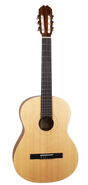 The image shows a full-size classical acoustic guitar with a light wooden body and a circular sound hole featuring decorative rosette rings. It has a black bridge, a long neck with a dark fretboard and visible fret markers, and a traditional headstock with six classical-style tuning pegs. Six nylon or steel strings run from the bridge to the tuners. The guitar has a natural wood finish and appears well-maintained.