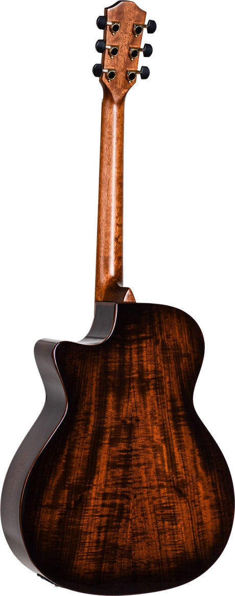 The image shows the back of a cutaway acoustic guitar with a rich dark brown wood finish and visible grain. It features a traditional curved body shape, six black tuning pegs in a 3+3 arrangement on a lighter-toned headstock, and appears well-crafted with quality wood. This classic string instrument is commonly used in genres like folk, country, and popular music.