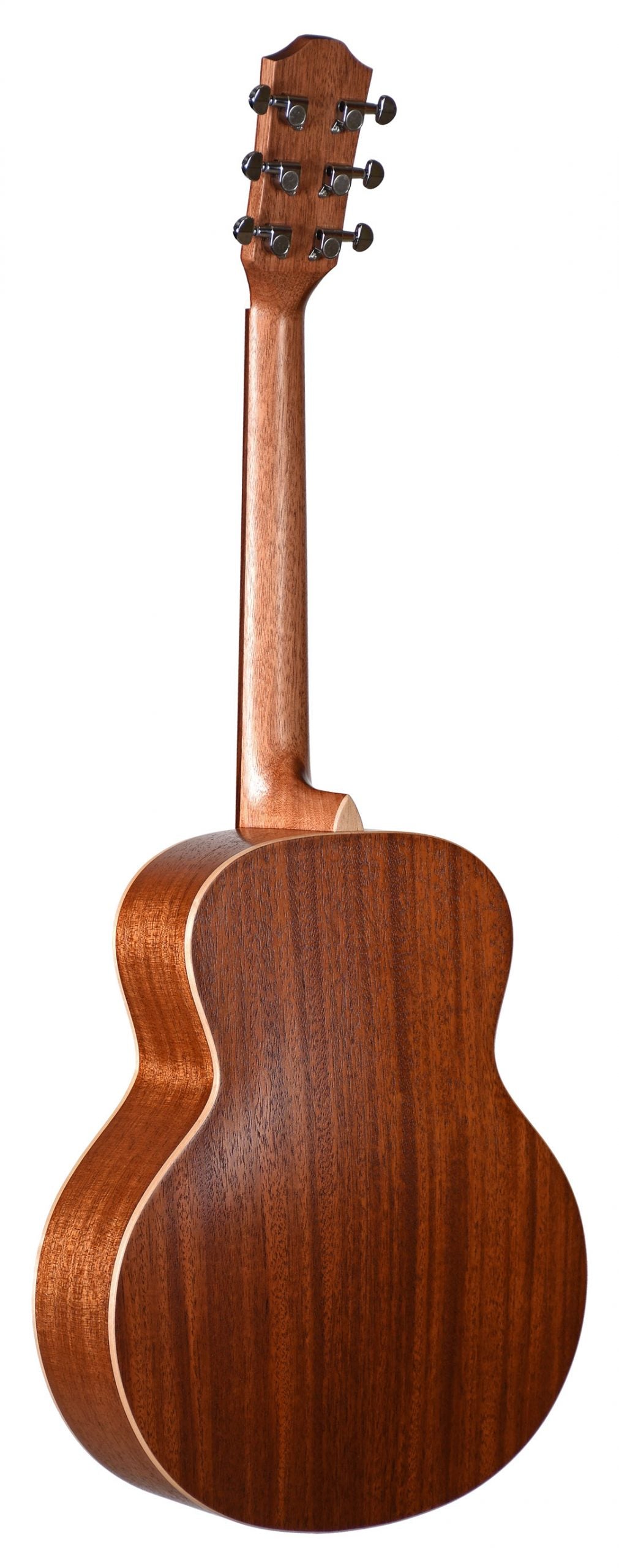 The image shows the back of an acoustic guitar with a warm brown wood finish, light binding, and visible wood grain. It features a long wooden neck, classic body shape, and a headstock with six tuning pegs with black knobs. The smooth, polished surface and clean design highlight quality craftsmanship, suggesting a well-made instrument suitable for various musical styles.
