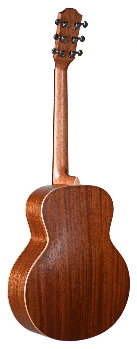 The image shows the back of an acoustic guitar with a warm brown wood finish, light binding, and visible wood grain. It features a long wooden neck, classic body shape, and a headstock with six tuning pegs with black knobs. The smooth, polished surface and clean design highlight quality craftsmanship, suggesting a well-made instrument suitable for various musical styles.
