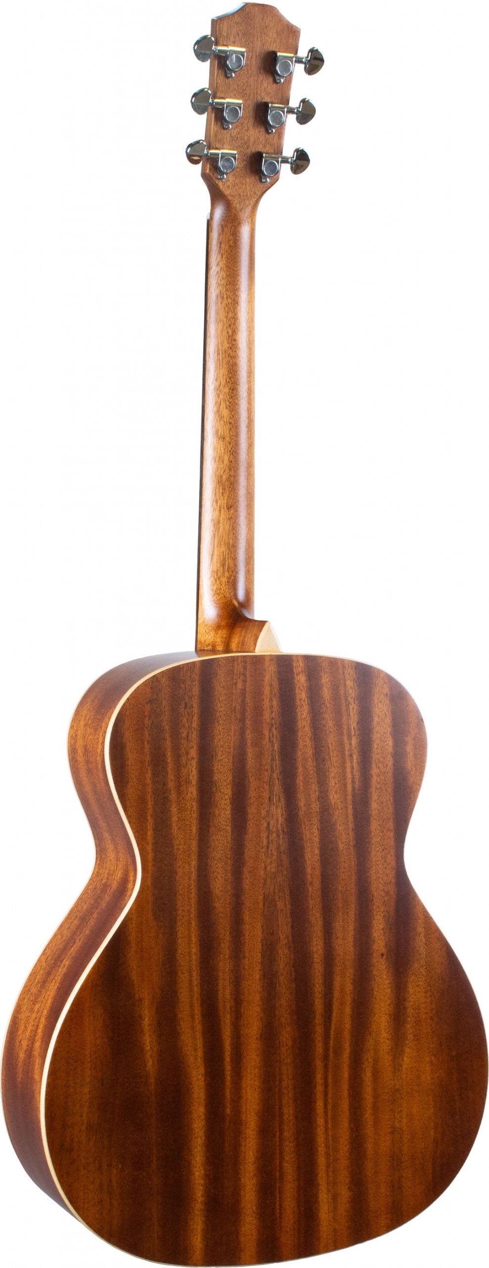 The image shows the back view of an acoustic guitar with a classic body shape and rich, warm brown wood featuring distinct grain patterns. It has light-colored binding, a smooth wooden neck, and a headstock with six black tuning pegs (3 per side). The glossy finish highlights the craftsmanship. The guitar likely is a mid- to high-end steel-string model, photographed against a clean white background.