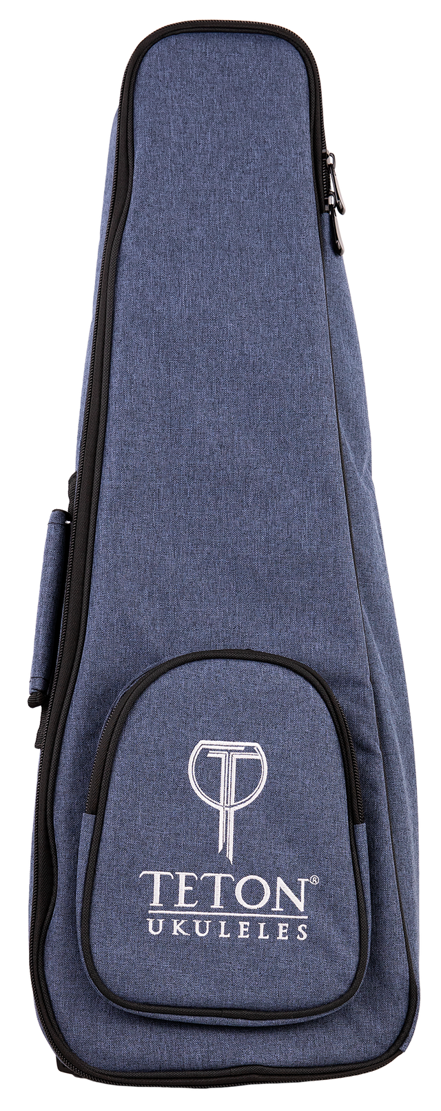 The image shows a blue denim-like ukulele gig bag with the "TETON UKULELES" logo on the front pocket. It features a zippered closure around the perimeter, a front storage pocket, and carrying straps (partially visible). This padded soft case is designed to protect and transport a ukulele, offering a lightweight, protective option. Teton is a well-known brand for acoustic instruments and accessories.