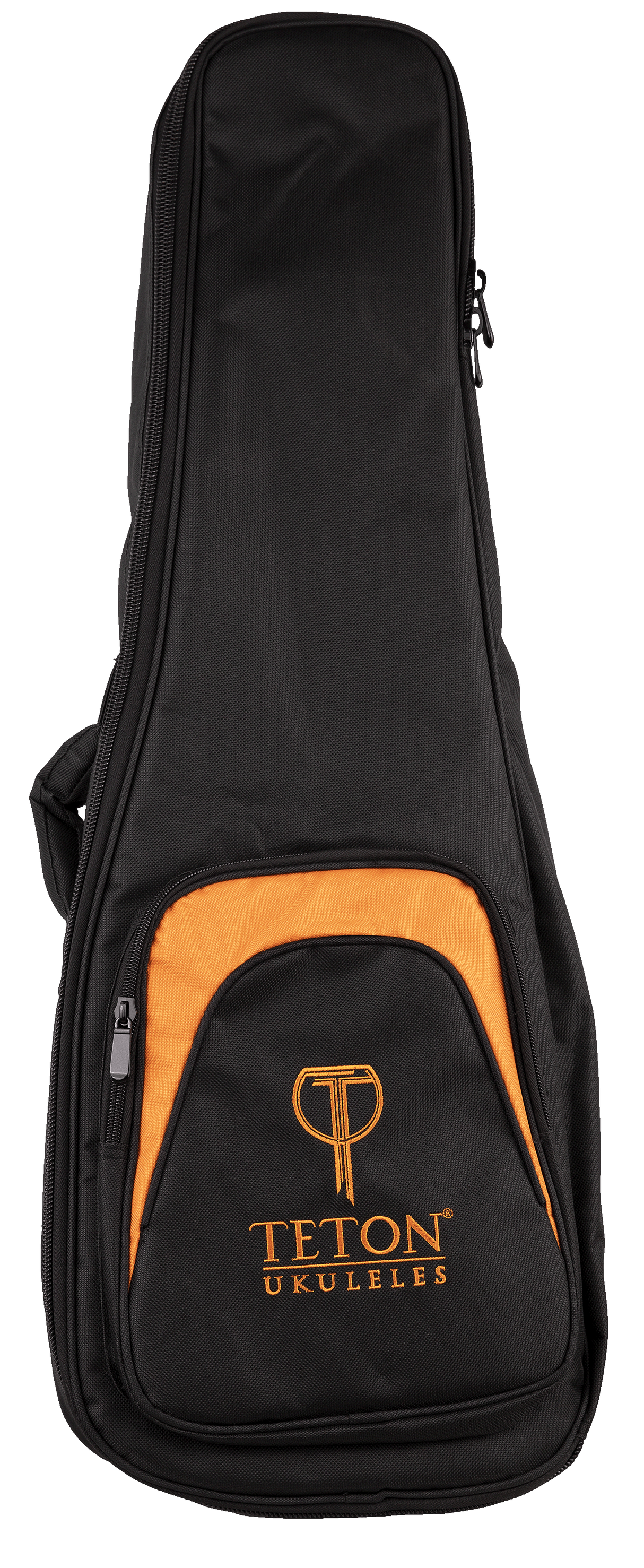 The image shows a TETON ukulele gig bag in black with orange accents. It features padded protection, multiple zippered compartments including a front pocket with the "TETON UKULELES" logo, and side carrying handles. Sized for concert or tenor ukuleles, this soft case offers secure transport and storage for the instrument and accessories like picks and tuners.