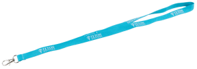 The image shows a bright turquoise Teton Guitars promotional lanyard with white "TETON GUITARS" text repeated along its length. It has a metal clip attachment, commonly used for holding ID badges or keys. This branded accessory is a music industry promotional item likely distributed at trade shows or events to promote Teton Guitars, appealing to guitar enthusiasts and music professionals.