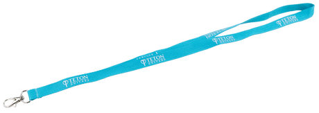 The image shows a bright turquoise Teton Guitars promotional lanyard with white "TETON GUITARS" text repeated along its length. It has a metal clip attachment, commonly used for holding ID badges or keys. This branded accessory is a music industry promotional item likely distributed at trade shows or events to promote Teton Guitars, appealing to guitar enthusiasts and music professionals.
