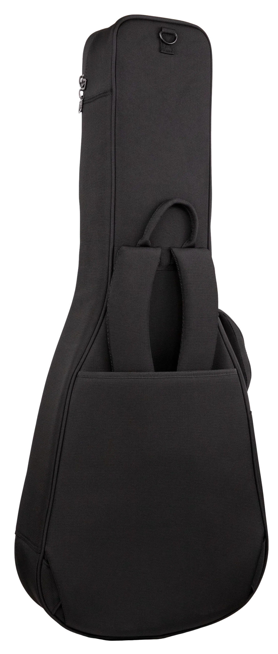The image shows a black padded guitar gig bag with a sleek nylon exterior. It has a top handle, a side zipper, a D-ring attachment at the top, and a tapered guitar-shaped silhouette. Designed for carrying and protecting acoustic or electric guitars, this lightweight soft case offers more protection than carrying an instrument alone and is ideal for musicians on the go.