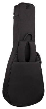 The image shows a black padded guitar gig bag with a sleek nylon exterior. It has a top handle, a side zipper, a D-ring attachment at the top, and a tapered guitar-shaped silhouette. Designed for carrying and protecting acoustic or electric guitars, this lightweight soft case offers more protection than carrying an instrument alone and is ideal for musicians on the go.