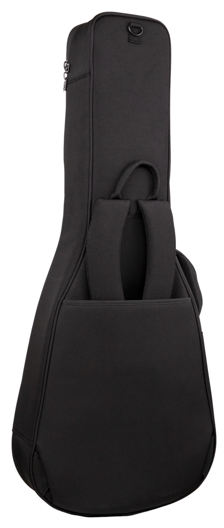 The image shows a black padded guitar gig bag with a sleek nylon exterior. It has a top handle, a side zipper, a D-ring attachment at the top, and a tapered guitar-shaped silhouette. Designed for carrying and protecting acoustic or electric guitars, this lightweight soft case offers more protection than carrying an instrument alone and is ideal for musicians on the go.