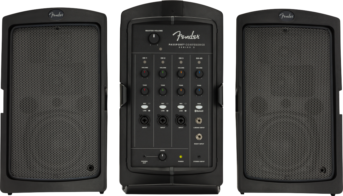 The image shows a Fender Passport Conference Series 2 portable PA system featuring two passive speakers with Fender logos and a central mixer/amplifier unit. The mixer includes master volume, four input channels with volume and tone controls, XLR and stereo inputs, and power controls. This compact, all-in-one system is ideal for small venues, presentations, and practice, offering easy setup and quality sound for musicians and speakers.