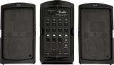 The image shows a Fender Passport Conference Series 2 portable PA system featuring two passive speakers with Fender logos and a central mixer/amplifier unit. The mixer includes master volume, four input channels with volume and tone controls, XLR and stereo inputs, and power controls. This compact, all-in-one system is ideal for small venues, presentations, and practice, offering easy setup and quality sound for musicians and speakers.