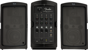 The image shows a Fender Passport Conference Series 2 portable PA system featuring two passive speakers with Fender logos and a central mixer/amplifier unit. The mixer includes master volume, four input channels with volume and tone controls, XLR and stereo inputs, and power controls. This compact, all-in-one system is ideal for small venues, presentations, and practice, offering easy setup and quality sound for musicians and speakers.
