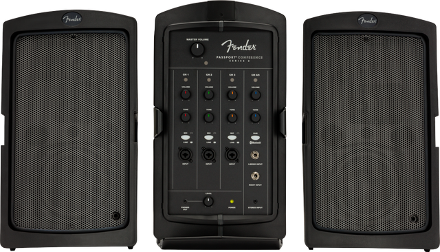 The image shows a Fender Passport Conference Series 2 portable PA system featuring two passive speakers with Fender logos and a central mixer/amplifier unit. The mixer includes master volume, four input channels with volume and tone controls, XLR and stereo inputs, and power controls. This compact, all-in-one system is ideal for small venues, presentations, and practice, offering easy setup and quality sound for musicians and speakers.