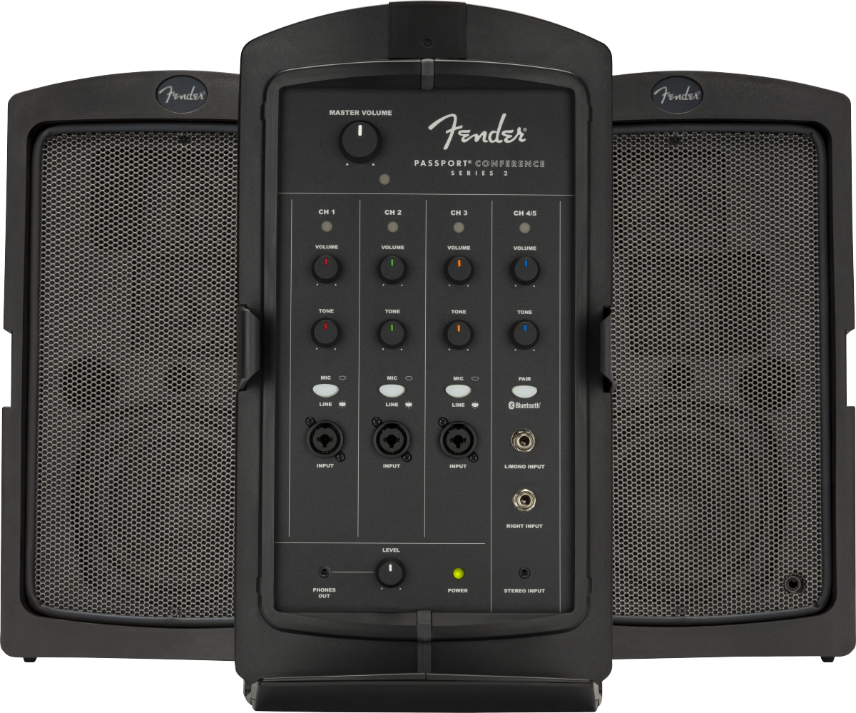 The image shows a Fender Passport Conference Series 2 portable PA system featuring two detachable speakers and a central 4-channel mixer with volume, tone, and MIC/LINE input controls. It includes XLR and 1/4" jacks, Bluetooth on channel 4, headphone and stereo inputs, color-coded channels, and a built-in handle for easy transport in a compact, black professional design.