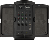 The image shows a Fender Passport Conference Series 2 portable PA system featuring two detachable speakers and a central 4-channel mixer with volume, tone, and MIC/LINE input controls. It includes XLR and 1/4" jacks, Bluetooth on channel 4, headphone and stereo inputs, color-coded channels, and a built-in handle for easy transport in a compact, black professional design.