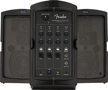 The image shows a Fender Passport Conference Series 2 portable PA system featuring two detachable speakers and a central 4-channel mixer with volume, tone, and MIC/LINE input controls. It includes XLR and 1/4" jacks, Bluetooth on channel 4, headphone and stereo inputs, color-coded channels, and a built-in handle for easy transport in a compact, black professional design.