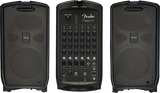 The image shows a Fender Passport Event Series portable PA system, including two black full-range speakers with mesh grilles and a central mixer with 6 input channels, EQ controls, XLR and 1/4" jacks, master volume, outputs, and Bluetooth. Designed for musicians, speakers, and small events, it is portable, user-friendly, and delivers clear sound for performances and presentations.