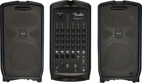 The image shows a Fender Passport Event Series portable PA system, including two black full-range speakers with mesh grilles and a central mixer with 6 input channels, EQ controls, XLR and 1/4" jacks, master volume, outputs, and Bluetooth. Designed for musicians, speakers, and small events, it is portable, user-friendly, and delivers clear sound for performances and presentations.