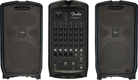The image shows a Fender Passport Event Series portable PA system, including two black full-range speakers with mesh grilles and a central mixer with 6 input channels, EQ controls, XLR and 1/4" jacks, master volume, outputs, and Bluetooth. Designed for musicians, speakers, and small events, it is portable, user-friendly, and delivers clear sound for performances and presentations.