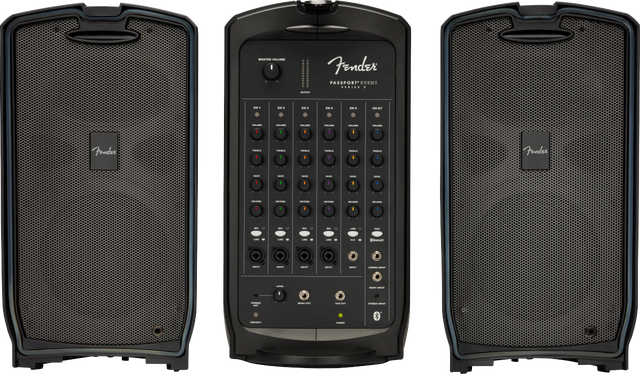 The image shows a Fender Passport Event Series portable PA system, including two black full-range speakers with mesh grilles and a central mixer with 6 input channels, EQ controls, XLR and 1/4" jacks, master volume, outputs, and Bluetooth. Designed for musicians, speakers, and small events, it is portable, user-friendly, and delivers clear sound for performances and presentations.